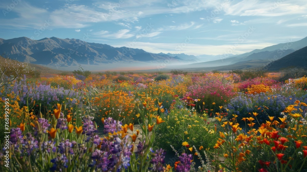 Fototapeta premium Wildflower Bloom in Mountain Valley at Sunrise