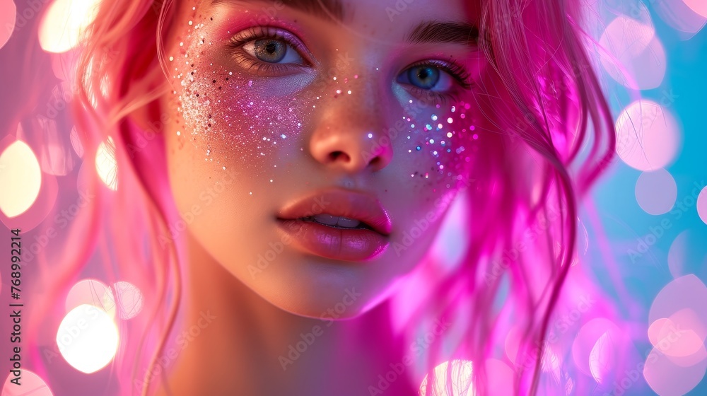 Obraz premium A beautiful woman with sparkling glitter on cheeks and vibrant pink hair against a bokeh backdrop.