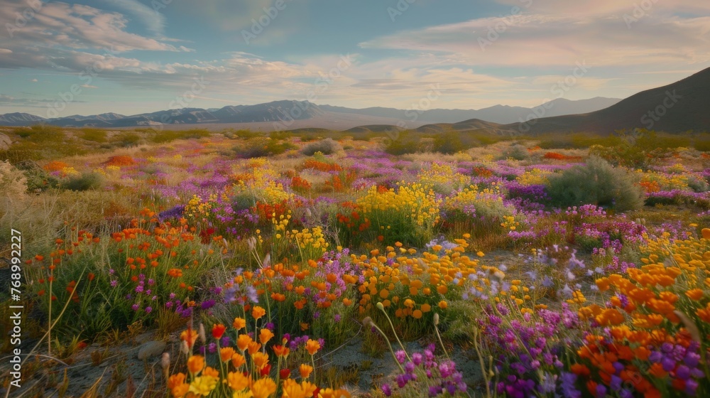 Vibrant Wildflowers With Majestic Mountains