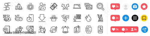Bitcoin, Photo album and Qr code line icons pack. Social media icons. Microscope, Time management, Attached info web icon. Creative idea, Bell alert, Inspect pictogram. Vector