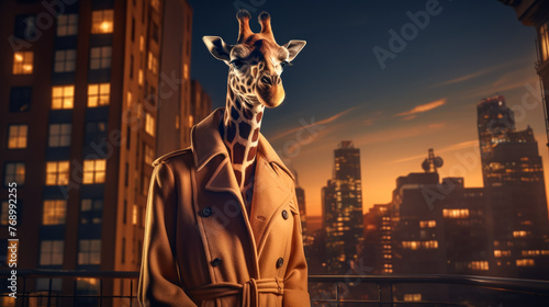 A chic giraffe struts in a designer trench coat, with a silk scarf fluttering in the wind. Against a backdrop of city lights, it exudes elegance and urban charm. The mood: sophisticated and cosmopolit photo