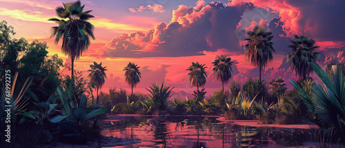 A desert oasis with palm trees and lush vegetation, against a backdrop of a splendid gradient of colors in the sky, captured in high-definition to showcase its mesmerizing vibrancy.