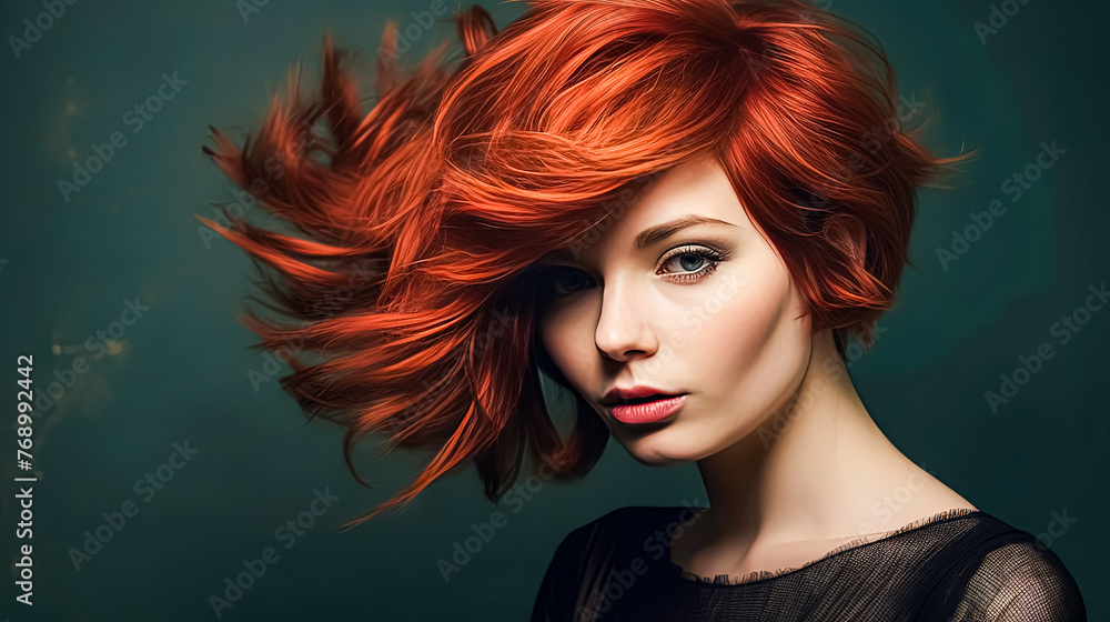A woman with red hair and a short haircut
