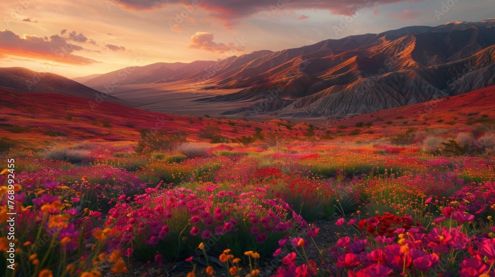 Sunset Over Vibrant Wildflower Field in Mountain Valley