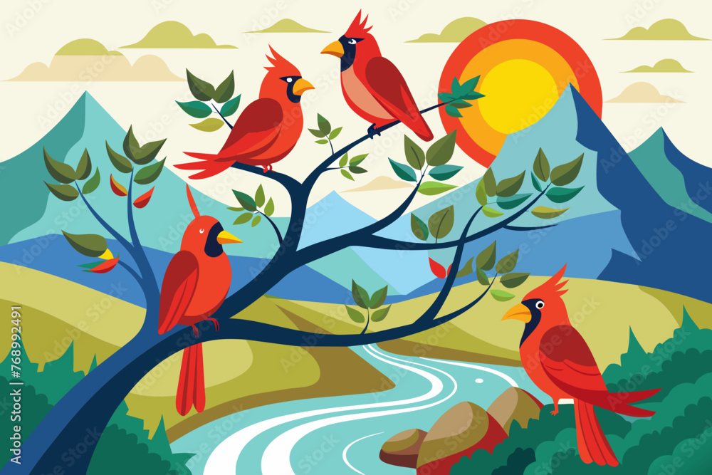 a group of colorful Cardinal... bird sits on a branch of a tree, sun, mountains ,river, behind   Guava tree with forest