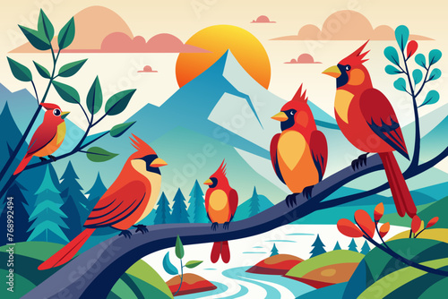  a group of colorful Cardinal... bird sits on a branch of a tree, sun, mountains ,river, behind   Guava tree with forest