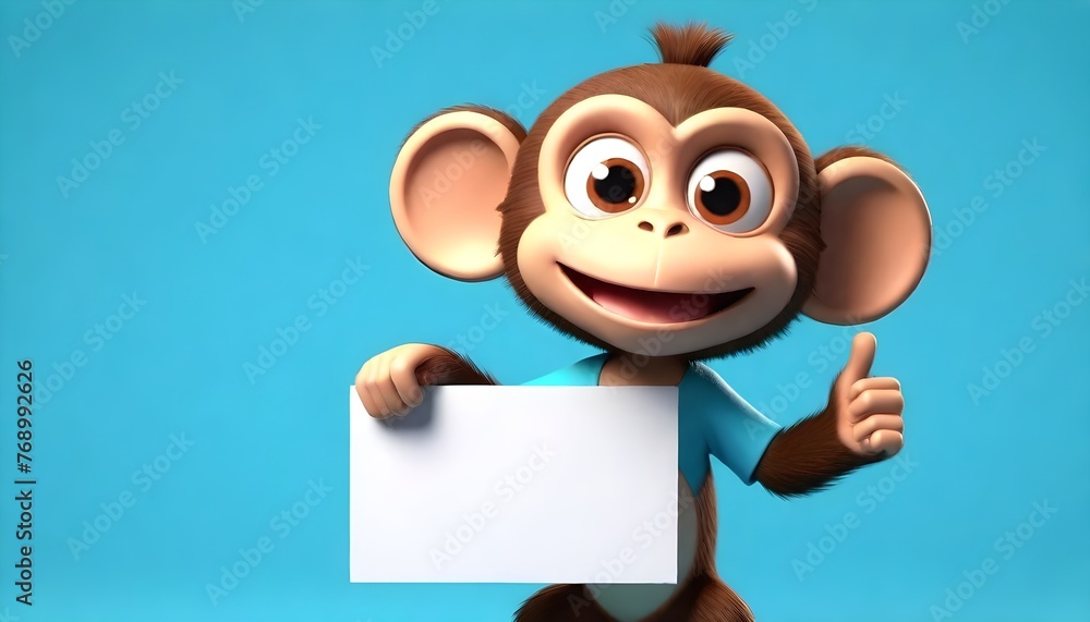 3d cute monkey holding up a blank sign Board, colorful cartoon character with empty banner cartoon monster illustration animal vector