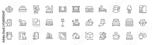 Mattress, Latex mattress and Mint tea line icons. Pack of Terrace, Entrance, Table lamp icon. Open door, Door, Furniture pictogram. Wall lamp, Pillow, Floor plan. Coffee break. Line icons. Vector