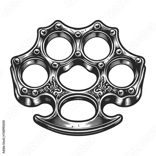 ornately decorated brass knuckles, showcasing detailed engraving style artwork sketch engraving generative ai fictional character vector illustration. Scratch board imitation. Black and white image.