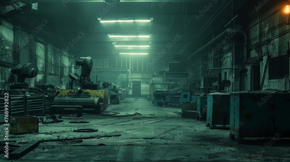 A factory floor eerily silent, rows of deactivated robots gathering dust A factory floor eerily silent, rows of deactivated robots gathering dust