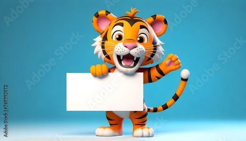 3d cute Tiger Lion holding up a blank sign Board, colorful cartoon character with empty banner cartoon monster illustration animal vector