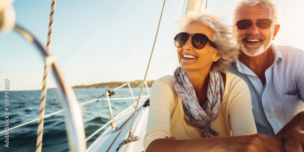 Relaxed of senior couple sailing luxury yacht. Generative AI. Relaxed of senior couple sailing luxury yacht. Generative AI.