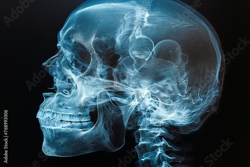 Striking x-ray showcases human skull with blue hues on black #768993006