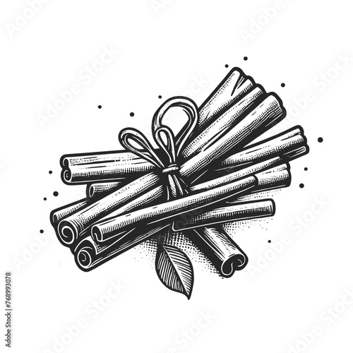 aromatic cinnamon sticks crossed , exuding a warm, spicy scent sketch engraving generative ai vector illustration. Scratch board imitation. Black and white image.