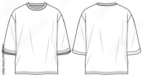 Men's Short sleeve Oversize Crew neck T Shirt flat sketch fashion illustration drawing template mock up with front and back view, Oversized baggy round neck t-shirt vector template