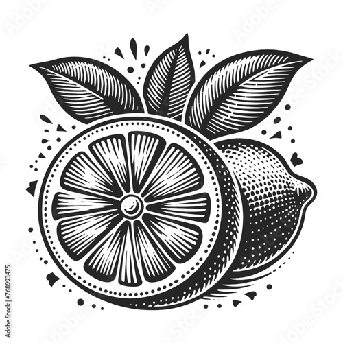 lemon citrus fruit, lemon slice, and leaves sketch engraving generative ai fictional character vector illustration. Scratch board imitation. Black and white image.