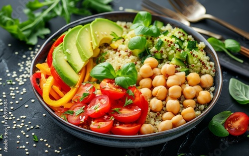 A colorful bowl of fresh quinoa salad with chickpeas, avocado, and vegetables on a dark, elegant background.
