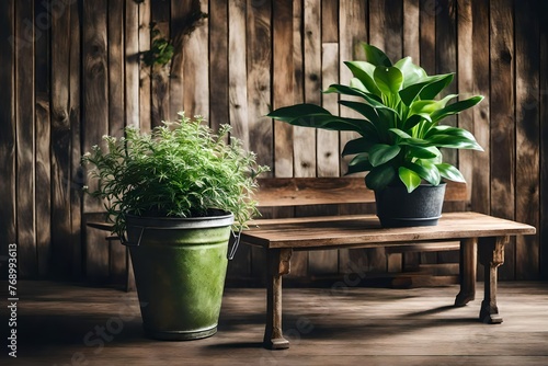 an ornate green potted plant on a wooden solid table with bench behind. decorative houseplant in rustic tin metal bucket pot with simple clean appearance  photo