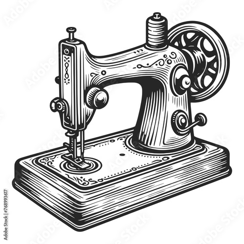 classic vintage sewing machine, perfect for tailoring and craftsmanship themes sketch engraving generative ai vector illustration. Scratch board imitation. Black and white image.