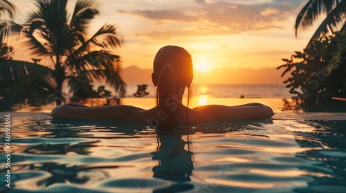 Serene young woman embracing sunset bliss at tropical resort pool, summer vacation relaxation