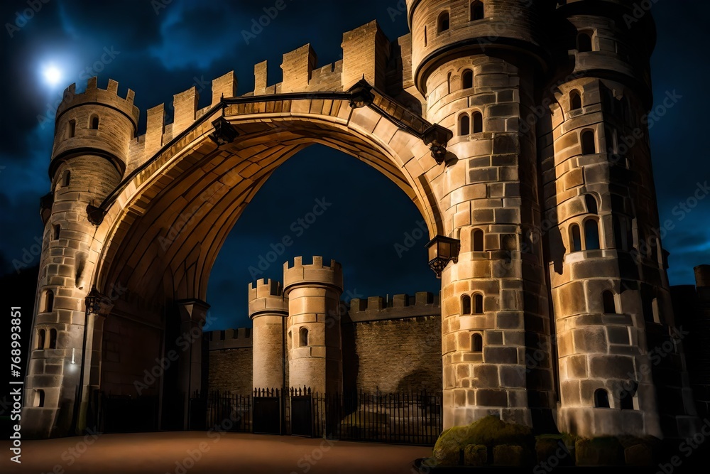 King Henry VIII gate private entrance secure stone fortified walls. Windsor Castle grounds lit at night.