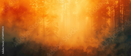 A foggy forest scene at dawn, with the colors of the sunrise casting a splendid gradient of oranges and yellows through the mist, captured in high-definition to showcase its mesmerizing vibrancy.