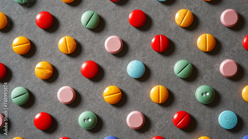 Top-down view Diverse pills scattered on a gray surface, reflecting the assortment of medications available for wellness