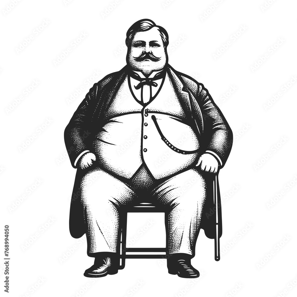 Fototapeta premium Cheerful Portly Fat overweight Gentleman sketch engraving generative ai fictional character vector illustration. Scratch board imitation. Black and white image.