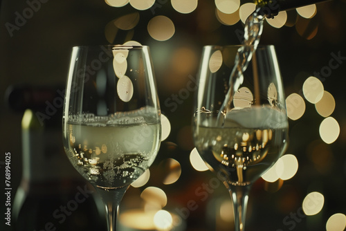 Pouring two glasses of white wine from a bottle photo