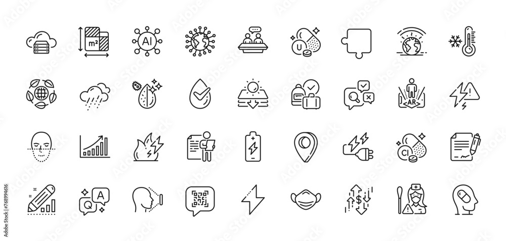 Face id, Augmented reality and Coronavirus line icons pack. AI, Question and Answer, Map pin icons. Puzzle, Depression treatment, Signing document web icon. Vector