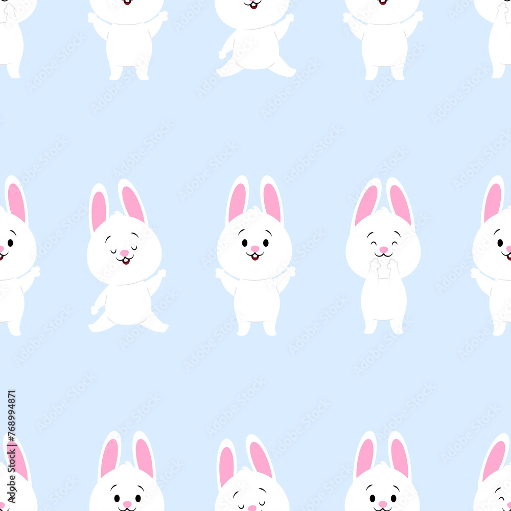 Seamless blue pattern of cute white rabbits Seamless blue pattern of cute white rabbits