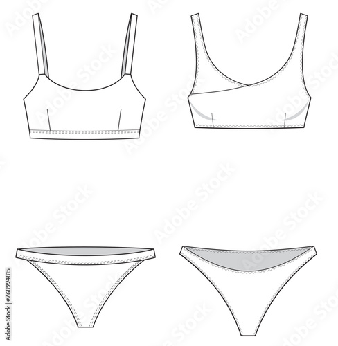 bandeau Bra and brief panty women's lingerie two piece bikini set design flat sketch fashion illustration vector template drawing