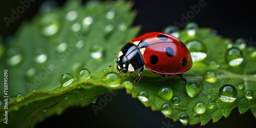 Shot of a ladybug in green grass with dew drops, insect world. Nature theme in spring. Generative AI