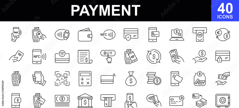 Payment. Linear icon set. Payment options. Payment vector icons. Outline payment method symbols. Money transfer. Banking, credit card, cash and transaction symbol. Vector illustration