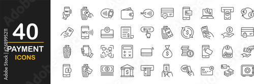 Payment. Linear icon set. Payment options. Payment vector icons. Outline payment method symbols. Money transfer. Banking, credit card, cash and transaction symbol. Vector illustration
