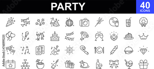 Party. Celebration, line icons. Included the icons as celebration, anniversary, party, congratulation, cake, gift, confetti, cocktail, guitar, balloon, firework party, disco ball and more