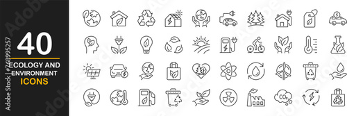 Ecology and environment line icons set. Environment, sustainability, nature, recycle, renewable energy, eco-friendly, forest, wind power, green symbol and more. Set of eco related line icons