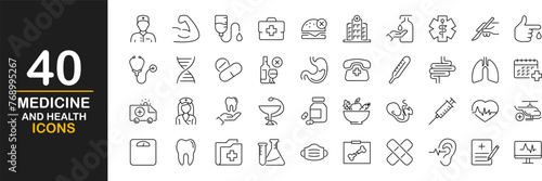 Medicine and health. Line icons set. Medical icons set. Medicine, check up, doctor, dentistry, lab, health and more. Linear icon collection. Vector illustration