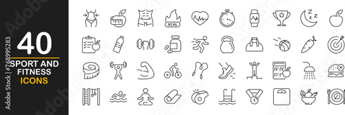 Sport and fitness icon set. Contains such icons as healthy lifestyle, weight training, body care and more. Set of icons related to healthy lifestyle, healthy eating, diet and exercise