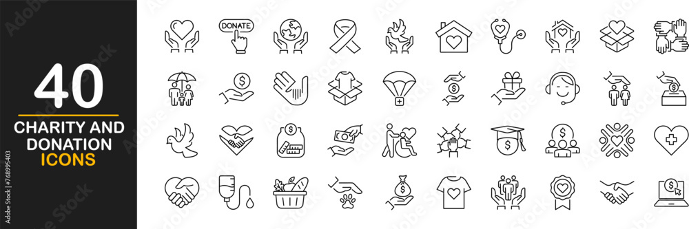 Naklejka premium Charity and donation icon set. Contains such icons as donate, volunteering, care, cooperation, blood collection, money charity, donating clothing, food, medicines and more