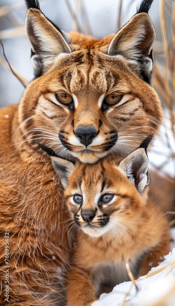 Obraz premium Male caracal and caracal kitten portrait with ample space on the left for text placement