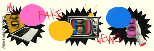 Trendy Retro collage Fake news. Screaming face in laptop, TV, smartphone with halftone effect and speech bubble with place for text. Vector Elements for banners, posters, social networks.