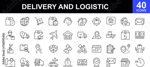 Delivery and logistics icon set. Receive of parcel and cargo. Contains such icons as express delivery, shipping methods, logistics, courier service, tracking order and more. Vector illustration