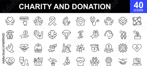 Charity and donation icon set. Contains such icons as donate, volunteering, care, cooperation, blood collection, money charity, donating clothing, food, medicines and more