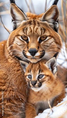 Male caracal and caracal kitten portrait with ample space on the left for text placement