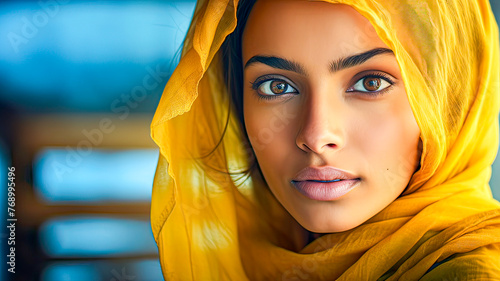 Close-up of mulatto woman with dark eyes, brown hair, yellow veil, empowering diversity. photo