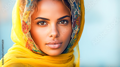 Close-up of mulatto woman with dark eyes, brown hair, yellow veil, against deep blue backdrop. photo