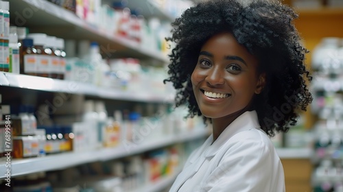 A cheerful beautiful smiling African-American female pharmacist with curly hair.
