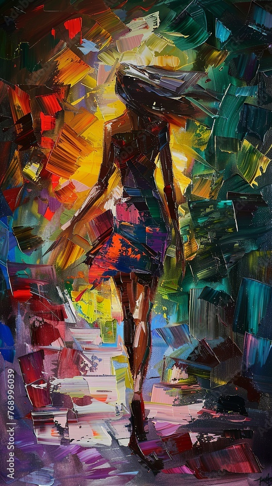 oil paint illustration of a full length loose palette knife abstract figure of a woman, beautifully blended, large strokes
