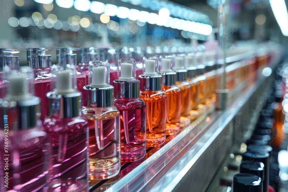 Production line for the production of organic cosmetics skincare in a modern factory, selective focus Production line for the production of organic cosmetics skincare in a modern factory, selective focus